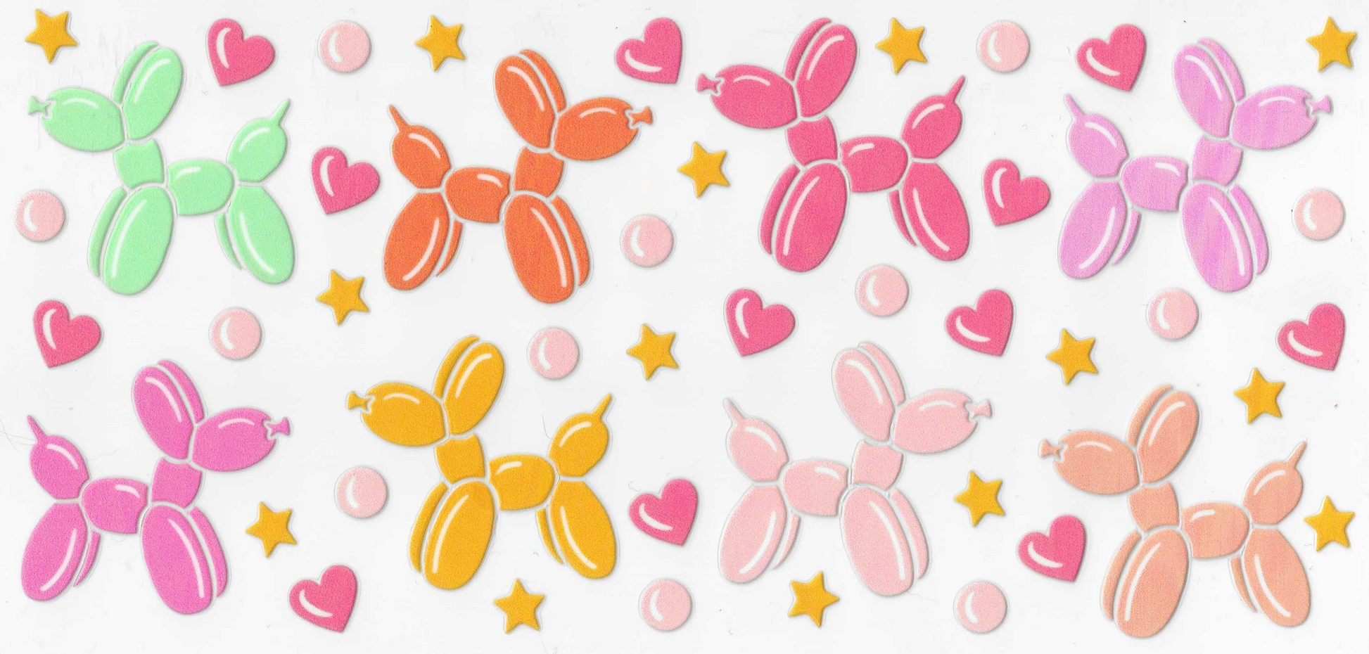 Colorful balloon animal decal with hearts and stars on a white background