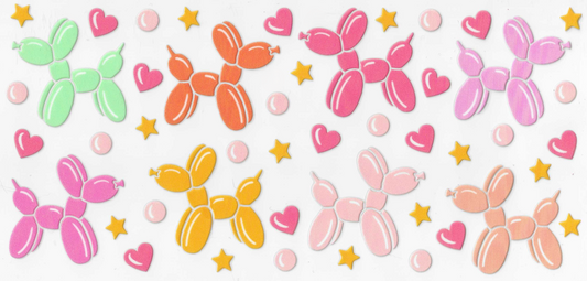 Colorful balloon animal decal with hearts and stars on a white background