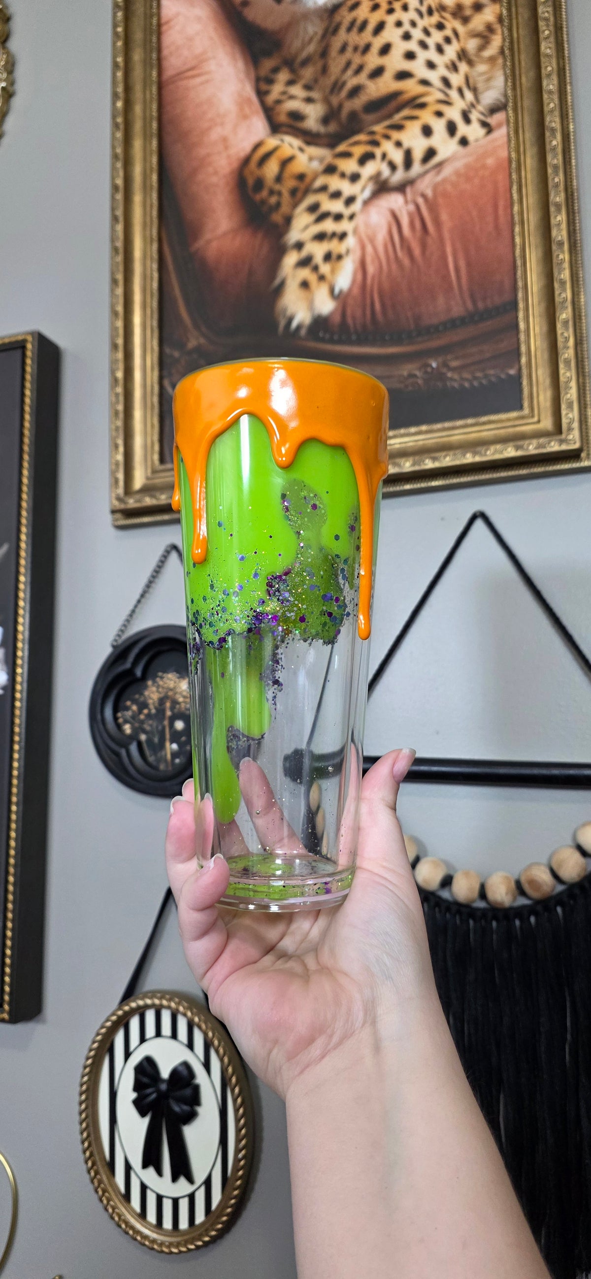24 oz Neon Green Lava with dimensional Orange Drip