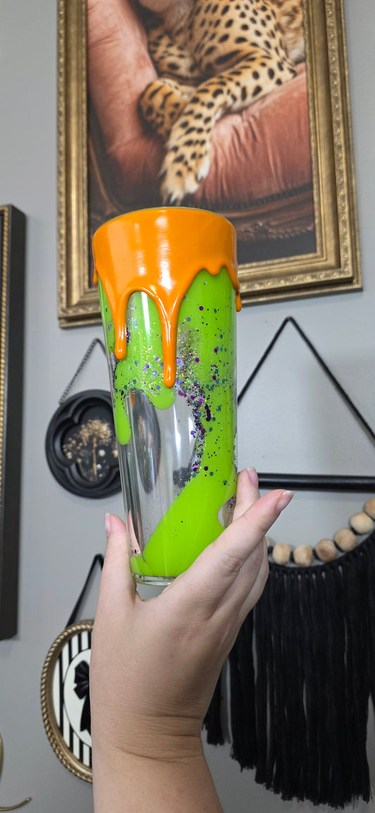 24 oz Neon Green Lava with dimensional Orange Drip