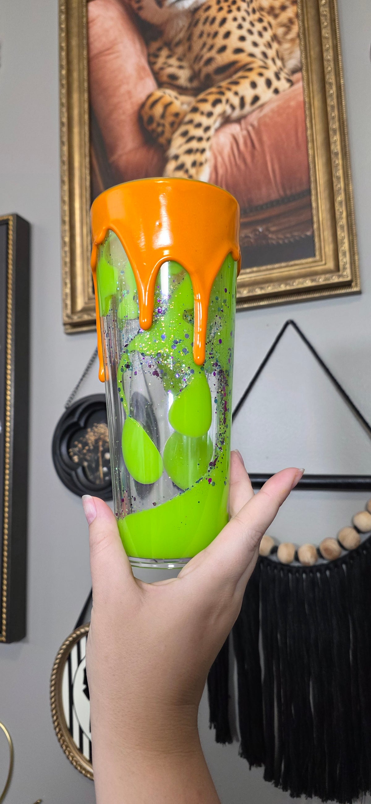 24 oz Neon Green Lava with dimensional Orange Drip
